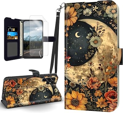 for Samsung Galaxy S25 Ultra Case, Flip PU Leather Magnetic Clasp Cell Phone Wallet for S25 Ultra 5G, Kickstand Shockproof Cover Wristlet Card Holder Slot Soft Film, Floral Moon
