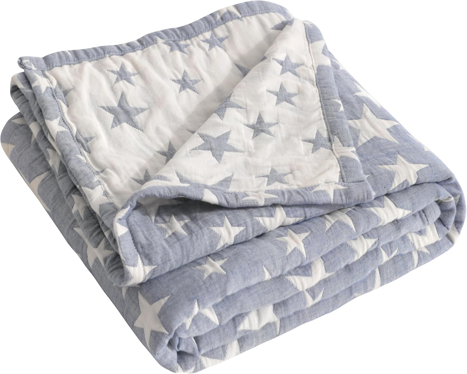 NTBAY 3 Layer Baby Muslin Cotton Toddler Blanket, 76x102 cm Jacquard Reversible Nursery Bed Blanket, Super Soft and Thermal Cot Bed Blanket for All Seasons, Baby Gift, 76x102 cm, Blue White Star