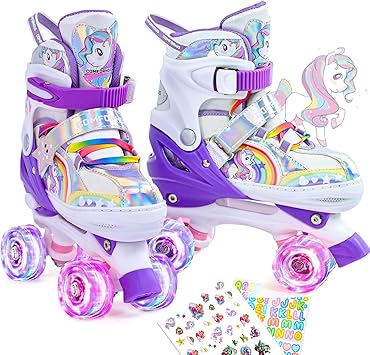 Rainbow Kids Roller Skates for Girls Boys 4 Size Adjustable Roller Shoes for Girls with Luminous Wheels Light-up Kids Rollerskate Birthday Gift for Beginner Outdoor Indoor Sports