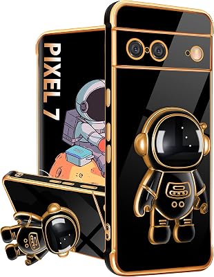 for Google Pixel 7 Case, Pixel 7 Cases with Astronaut Stand for Women Girls, Girly Cute Spaceman Love Heart Gold Plating 6D Phone Cover with Kickstand for Pixel 7 6.3 Inch Black