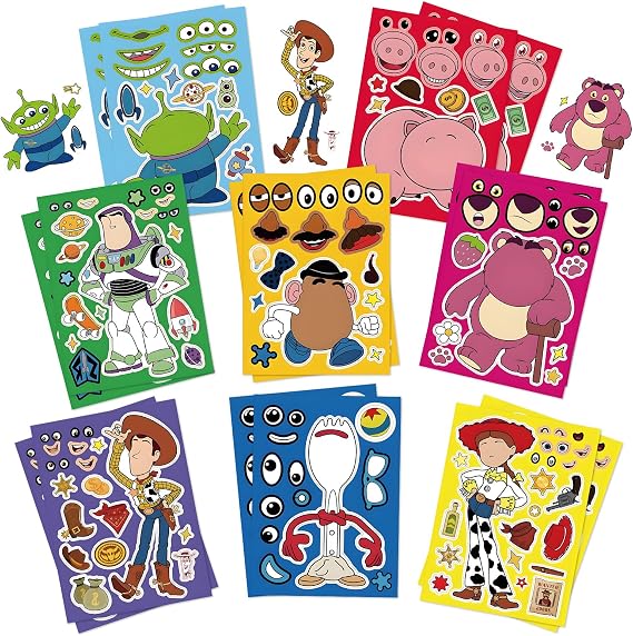Toy Inspired Story Stickers Boys Girls - 16 Sheet Art Craft Make a Face DIY Stickers for Kids Make Your Own Personalized Sticker for Birthday Party Supplies Favors Gift Pinata Fillers Lucky Dip Prizes