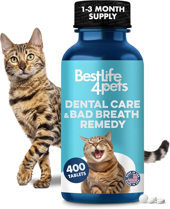 BestLife4Pets Cat Dental Care Supplement - 400 Pills | for Bad Breath, Tartar & Gum Support - Natural Cat Teeth Cleaning Oral Tablets Provide Eating & Gum Comfort, Teeth Wellness