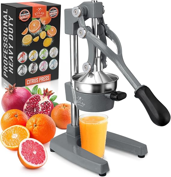Zulay Professional Citrus Juicer - Manual Citrus Press and Orange Squeezer - Metal Lemon Squeezer - Premium Quality Heavy Duty Manual Orange Juicer and Lime Squeezer Press Stand - Gray