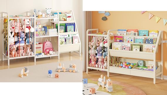 B1 & B5 Kids Bookshelf and Toy Storage, Book Shelf for Kids Rooms, Sling Baby Bookcase with Stuffed Animal Storage, Montessori Toddler Bookshelf for Nursery, Bedroom, Playroom, White