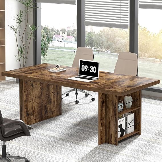 FOLUBAN Large Executive Office Desk, 70" Long Computer Desk with Side Storage Shelves, Vintage Wood Conference Table Workstation for Home Office, Two Person Gaming Study Writing Table, Rustic Brown