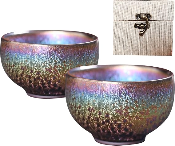 HAPPYDOG Colorful JianZhan Tenmoku Tea Cup Bowl Ancient Chinese Crafts Mug Designer Collection Ceremony HandWork Made (2, Gift Box Packing)