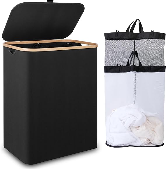 iEGrow Large Laundry Basket with Lid 150L, Double Laundry Baskets with Removable and Washable Inner Bags, 2 Compartments Foldable Washing Basket for Drity Cloth Toys Towels Storage (Black)