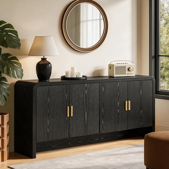Finnhomy 68'' Sideboard Buffet Cabinet with Storage, Curved Design Credenza Storage Cabinet with 4 Doors, Console Cabinet for Kitchen, Living Room & Hallway, Black