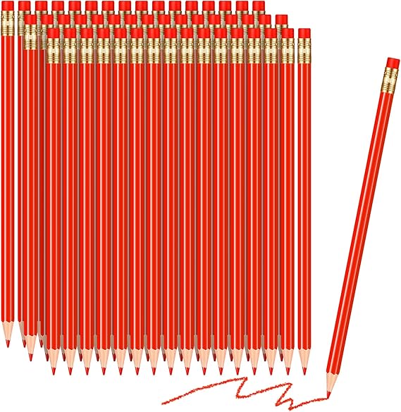 Chinco 48 Pieces Red Pencils with Eraser Pre Sharpened Red Checking Correcting Pencils Erasable 2 HB Grading for Checking Tests Grading Map Coloring Editing Office Favors