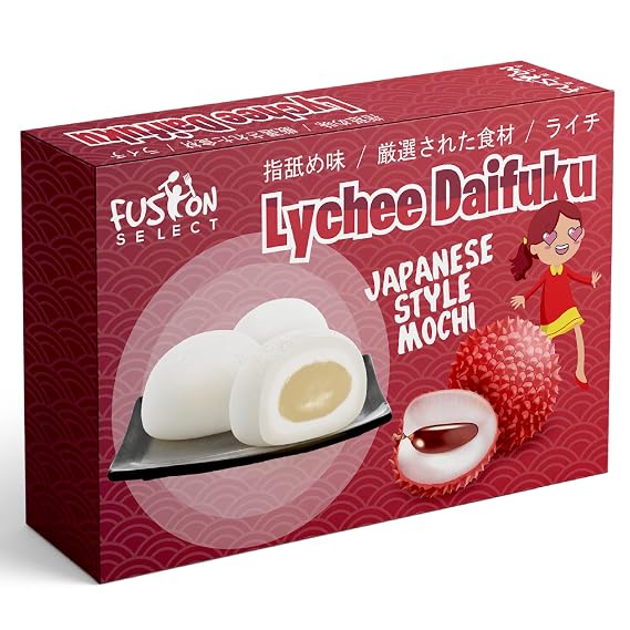 Fusion Select Mochi Daifuku Snacks - Traditional Japanese Rice Cakes with Filling - Flavored Asian Sweet Desserts for Family - Chewy and Soft Texture (Lychee)