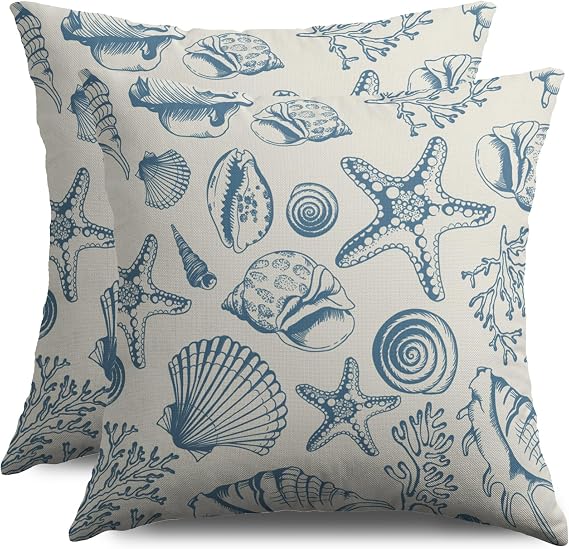 Summer Beach Pillow Covers 18X18 Set of 2, Blue Coastal Themed Beachy Ocean Shell Starfish Coral Print Decorative Throw Pillowcases Outdoor Farmhouse Seasonal Cushion Cases Couch Sofa Bed Decor