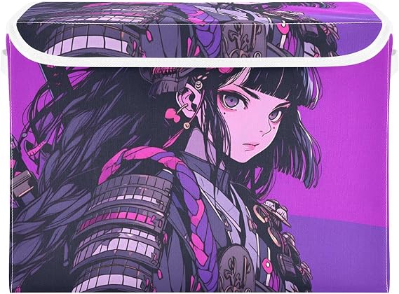 Storage Bins Basket Japanese Anime Samurai Print with Lid, Collapsible Flip-top Shelf Cube with Handle for Home Bedroom Closet Office 16.512.611.8 in