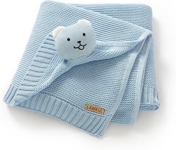 LAWKUL Baby Blanket Cotton Newborn Lovey for Girls Boys, 40x30 inch, Bear | Security Blankets, Soft Knit Snuggle Comfort, Infant Toddler Unisex, Crib Receiving, Nursery Swaddling