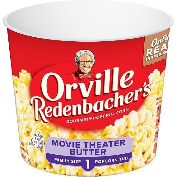 Orville Redenbachers Microwave Popcorn + Tub, Movie Theater Butter Flavor, 2g Fiber Per Serving, 3.9 oz.