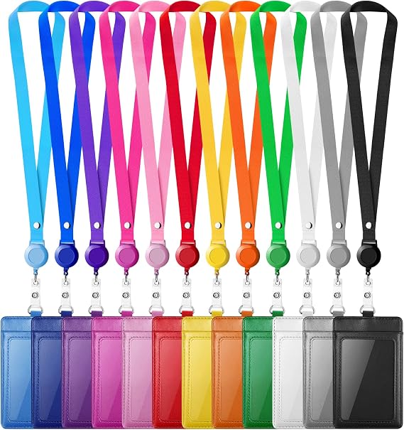 12 Pack Leather ID Badge Holders with Retractable Lanyards