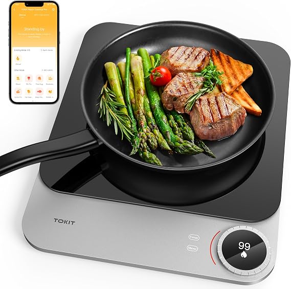 TOKIT 2100W Portable Induction Cooktop with App - Single Electric Induction Stove Hot Plate with 99 Power Levels/4H Timer/20mm Ultra-Thin Countertop Burner, Glass Ceramic Plate, Easy to Clean