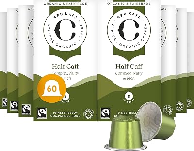 CRU Kafe - Half Caff Coffee 60 Capsules - Eco-friendly, Fairtrade, Nespresso Compatible for Nespresso Original Line Machines - 100% Organic & Recyclable 60 capsules, 6 boxes