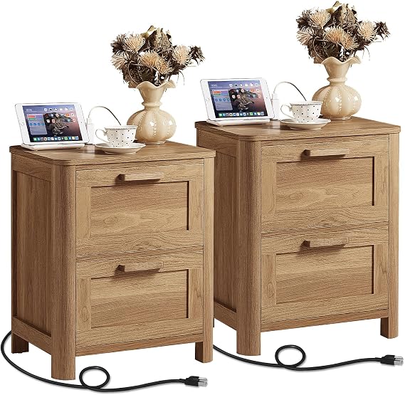 Joaxswe Farmhouse Nightstand Set of 2 with Charging Station, Brown | End Tables Bedroom with 2 Large Drawers & 4 Thickened Table Legs & Rounded Corners