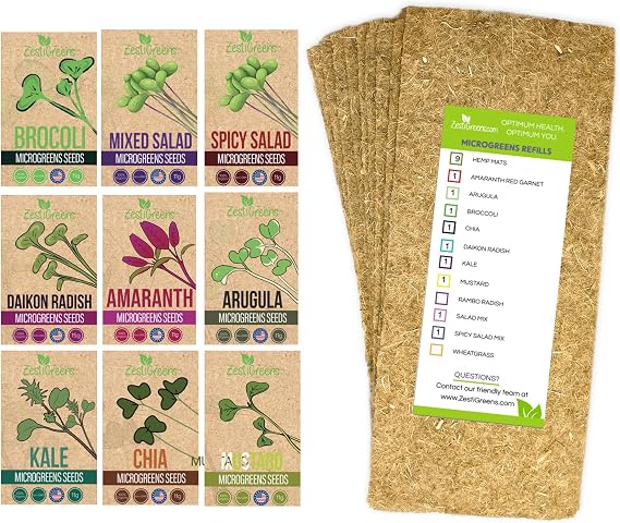 Microgreens Kit Refills - 9 Mats and 9 Different USA Seed Packs | Refill set with 9 plant mats and 9 seed packs for the ZestiGreens microgreens growing kit