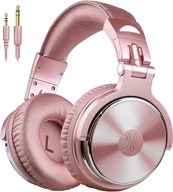 OneOdio Wired DJ Hi-Res Over-Ear Headphones for PC, Keyboard Guitar - Pink | headphone with 50mm drivers, dual 3.5mm and 6.35mm jacks for studio monitoring, recording, podcasting, mixing and DJ use.