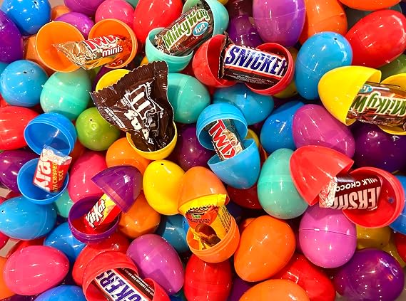Candy Filled Plastic Easter Eggs, Multicolor Hinged Eggs with Premium Chocolate Candy, Easter Egg Hunt Party Supplies (200 ct)