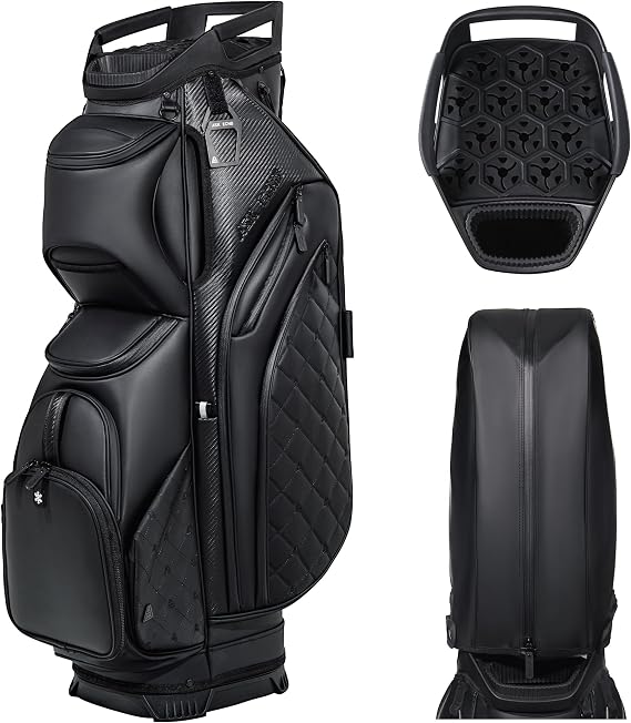 ASK ECHO Soundless Lux Cart Golf Bag with 15 Way Full Length | Crafted with elegant water-resistant synthetic leather. Signature anti-rattle club protection. Includes matching rain cover