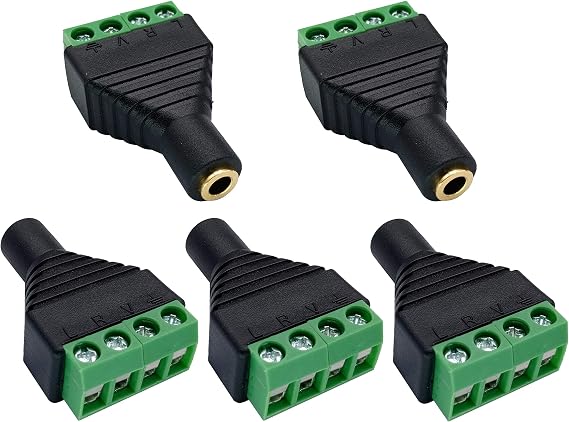 4 Pole 3.5mm Screw Terminal Stereo TRRS Audio Female to AV 4 Pin Screw Terminal Double Track Headphone Balun Solderless Converter Adapter (5 Pack)
