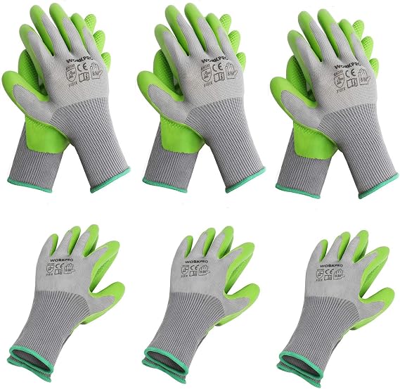 WORKPRO 6 Pairs Garden Gloves Men and Women with Eco Latex Palm Coated | Abrasion Resistance, Flexibility, Lightweight and Comfortable, Gardening Gloves for Weeding, Raking, Planting and Pruning
