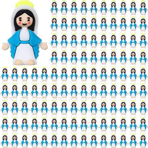 CroBlissful 100 Pack Little Virgin Mary Figurines Bulk Mini Easter Jesus Figures for Thanksgiving Day Easter Eggs Stuffers Sunday Baptism Gifts (Virgin Mary,Blue)