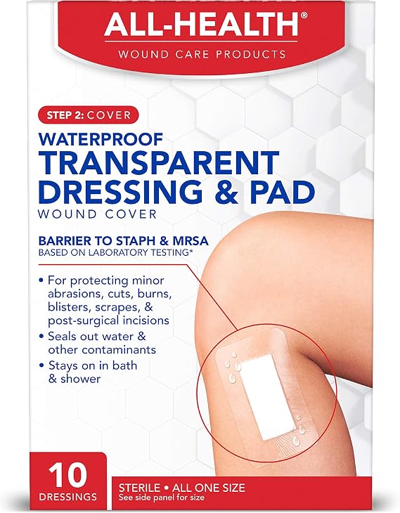 All Health Waterproof Transparent Dressing & Pad, 2.375in x 4in, 10 Count | Ideal for Use Post Surgery. For Wound Covering, Tattoo Aftercare, Showering and Swimming.