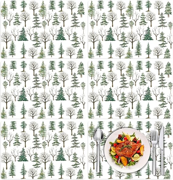 Tarklanda Winter Tree Placemats Set of 6 Washable Vinyl Table Mats 11 x 15.7 Inches Watercolor Xmas Pine Decorative Plastic Place Mat for Kitchen Dining Birthday Wedding Party