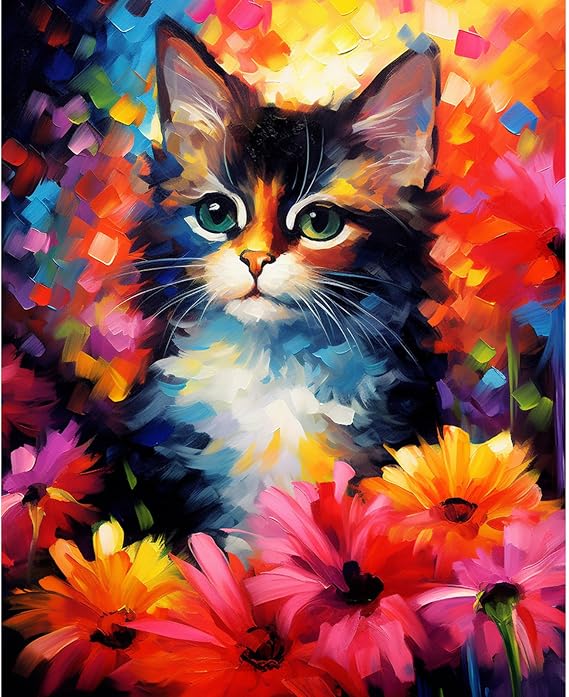 Tucocoo Cute Cat Paint by Number for Adults, DIY Digital Oil Painting Kits on Canvas with Brushes and Acrylic Pigment, Abstract Flowers Animal Hand-Painted Style for Home Decor 16x20 inch (Frameless)
