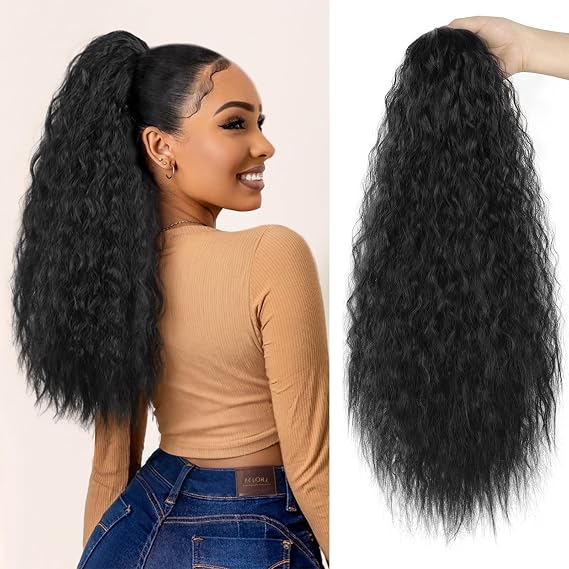 AISI BEAUTY Long Curly Drawstring Ponytail for Women 22 inch Clip in Wavy Natural Ponytail Extension for Women(1B)