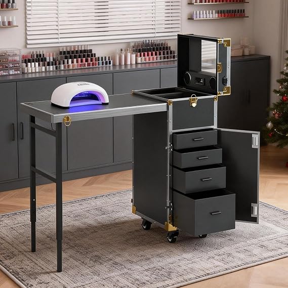 Icoget Portable Rolling Manicure Table for Nail Teach, Foldable Traveling Nail Desk w/Storage, Mobile Manicure Table w/Audio and Mirror, Makeup Train Case Cosmetic Trolley, Black
