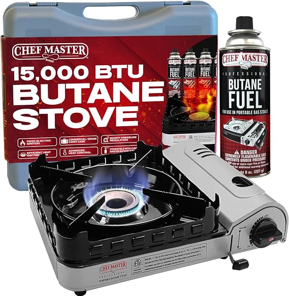Chef Master Portable Butane Camping Stove, Backpacking Burner, 15,000 BTU | Double Wind Guard, Piezo Ignition, Canister Safety Lock, Pressure Shut-Off, Hard Carry Case, Tailgating, Emergency, 90019