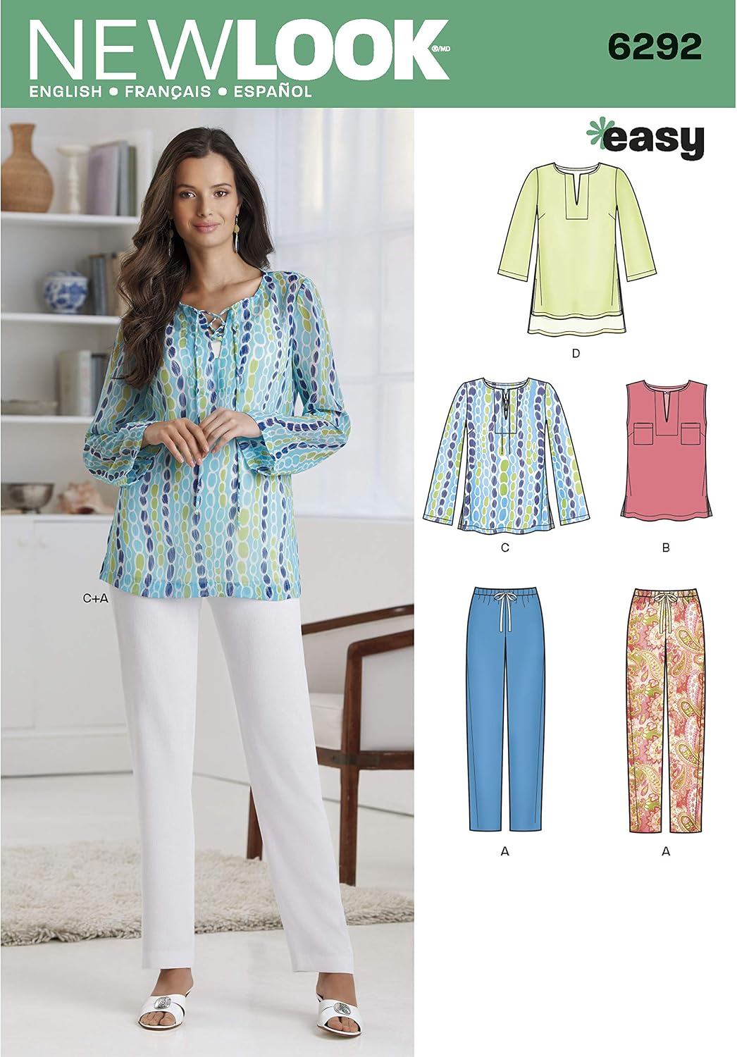 New Look sewing pattern 6292: Misses' Tunic or Top and Pull-on Pants, Paper, WHITE, Size: A 10-12-14-16-18-20-22