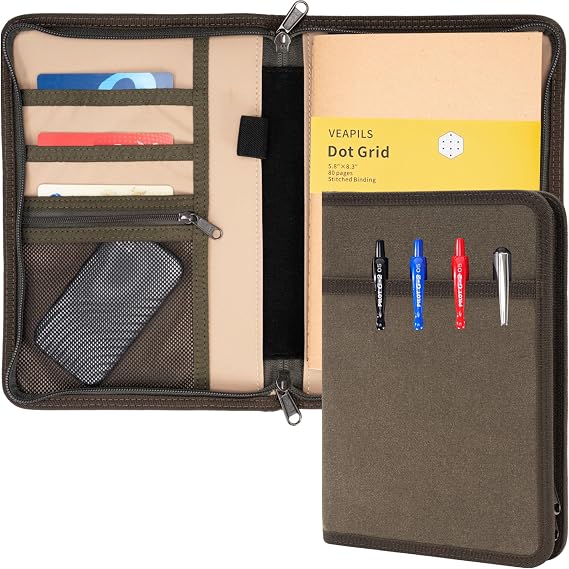 Field Journal Notebook A5 Notebook Cover with Zipper, Travel Journal for Men A5 Travelers Notebook Cover, Water Resistant Waxed Canvas Planner Cover with Pen Holder, Included 5.8" x 8.3" Field Book