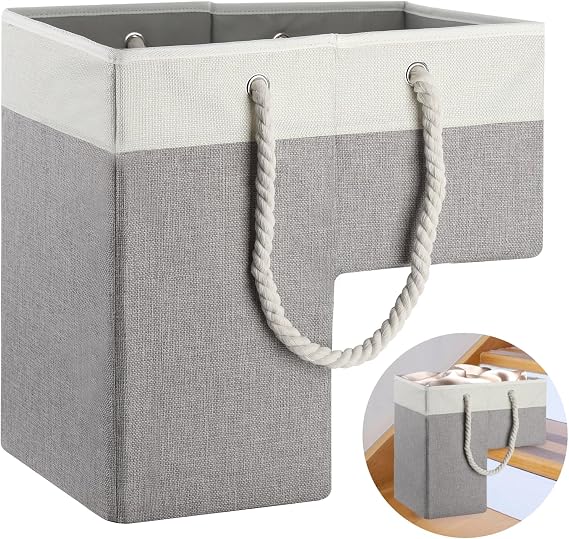 Foldable Linen Stair Basket for 16" Stairs, Cotton Rope Handles, Stairlift