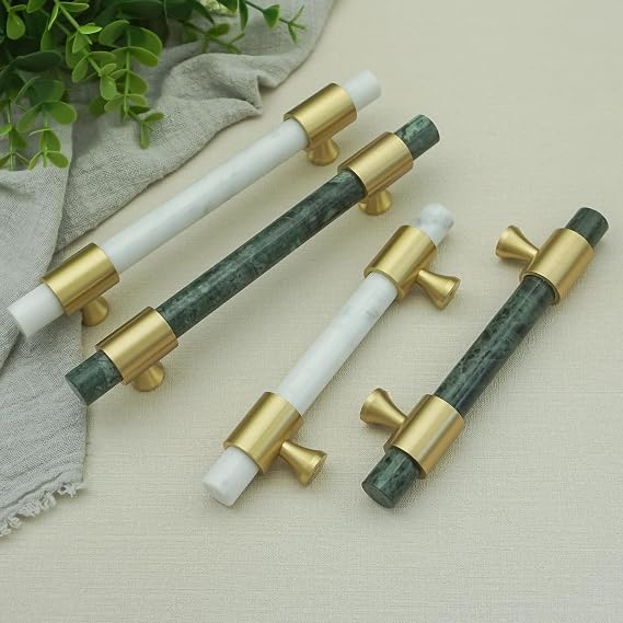 3.78" Green Marble Cabinet Pulls Cabinet Handles White Marble Drawer Pull Brass Kitchen Drawer Pulls Handles (1, White Marble, 3.78" Hole Centers)