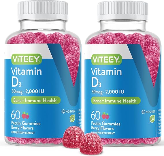 Viteey Vitamin D3 Gummies for Adults & Teens - 2,000 IU, 50mcg | Regular Strength - Joint & Muscle Health, Immune Boost - Chewable Vitamin D Gummies - Vegetarian, Gelatin Free - 120 Count