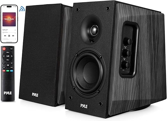 Pyle Powered Bookshelf Speaker System with Bluetooth, 80W Active Stereo Speakers, Bass Reflex Natural Wood Cabinet, Hi Def ARC, Optical, Coax, Subwoofer Out, for Entertainment, Studio (Pair)