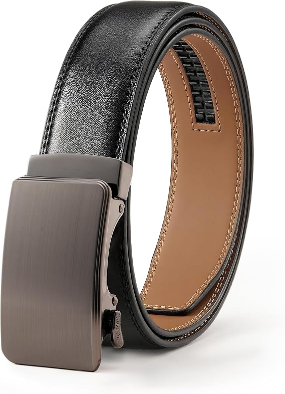 Men's Leather Ratchet Belt, 1-3/8" Wide, Auto Buckle, Trim-to-Fit, No Holes, Casual & Dress, Gift Box