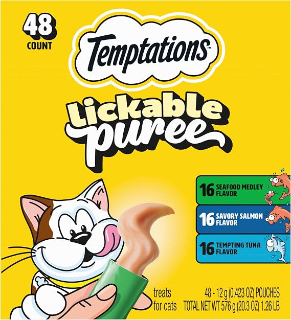 Temptations Creamy Puree Lickable Cat Treats, Seafood Variety, 48 Count