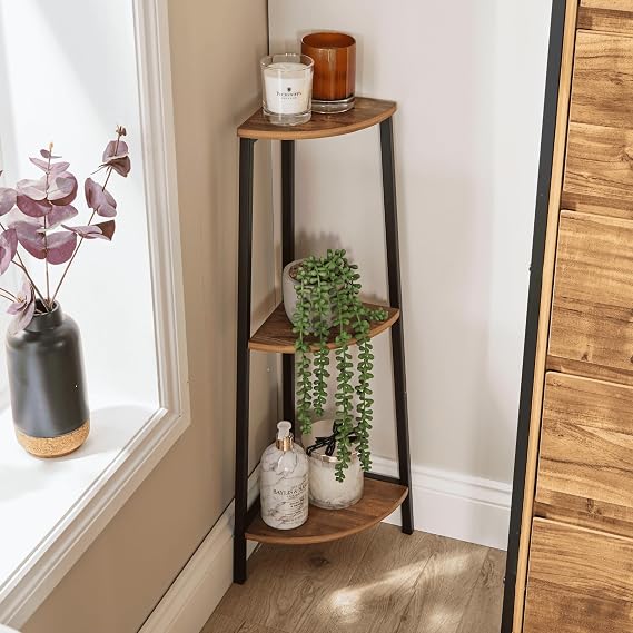Home Source Corner Bathroom Shelf Unit – Oak-Style 3 Tier Corner Storage with Black Metal Frame – Space-Saving Bathroom Organiser