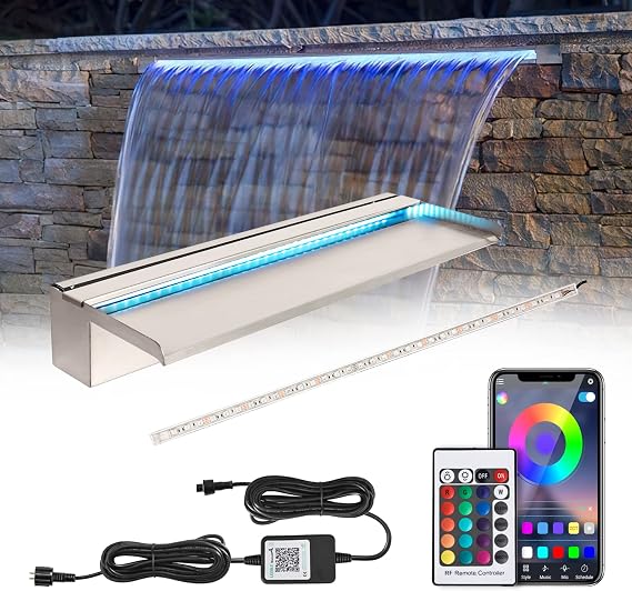 24'' APP Control Pool Waterfall with RGB LED Lights, Stainless Steel Pond Fountain Set for Outdoor Decorations, Patio Waterfall Spillway Kit w/16 Color Changing, Easy Install