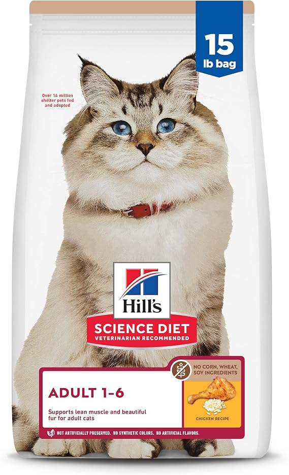 Hill's Science Diet Adult 1-6 No Corn, Wheat or Soy Dry Cat Food, Chicken, 15 lb. Bag
