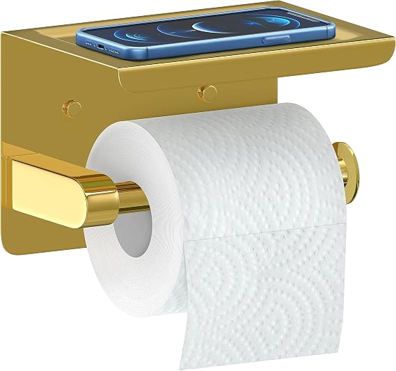 Brushed Gold Toilet Paper Holder with Shelf, SUS304 Stainless Steel Wall Mounted, Dual Installation Adhesive or Screw, Rustproof Modern Bathroom Tissue Roll Holder