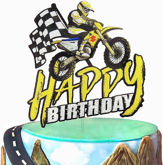 AZEWELL Motorcycle Cake Topper, Dirt Bike Birthday Decorations for Boys Men, Motocross Cake Decoration, Motorcycle Rider Racing Party Decorations Supplies
