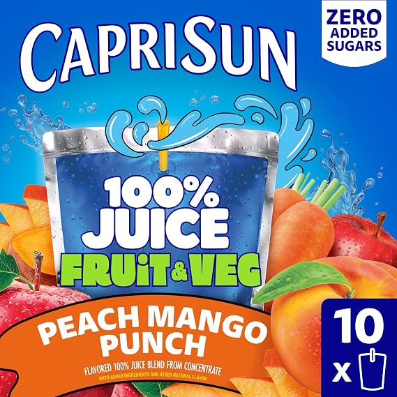 Capri Sun 100% Juice Fruit & Veg Juice Blend from Concentrate, 10 Pouches, for School Lunches and On-the-Go Hydration, Peach Mango Punch, All Natural Ingredients, Zero Added Sugars, 6 oz