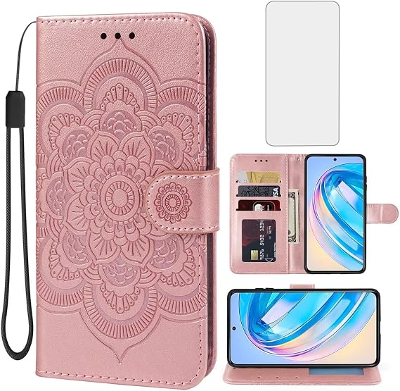 Case for Honor X8A, Rose Gold Mandala Leather Flip Case with Tempered Glass Screen Protector, Wallet, Kickstand Cover for Honor X8A Rose Gold